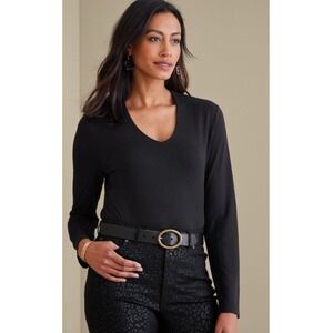 Soft Surroundings Top Womens Medium Black Agnes V Neck Rayon Blend 2GB99